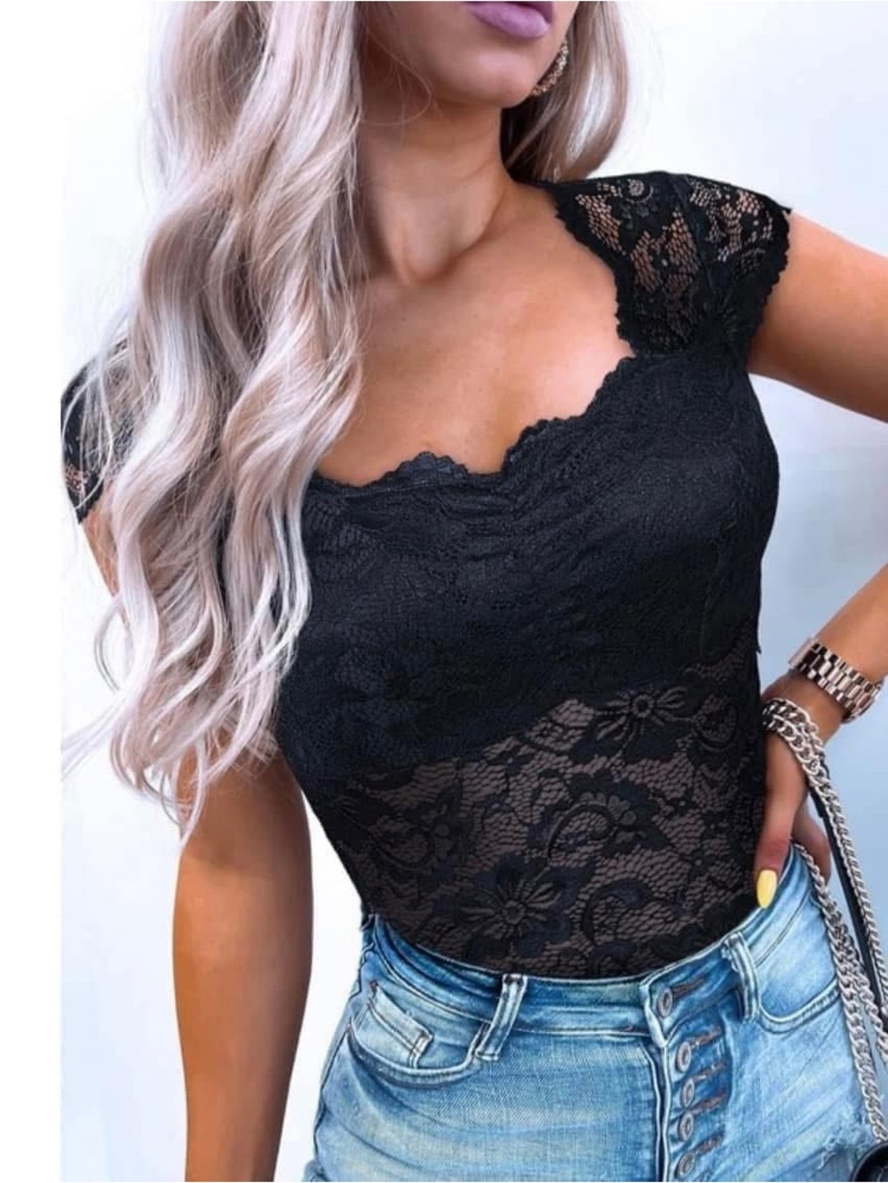 Black Lace Cap-Sleeve Women's Top